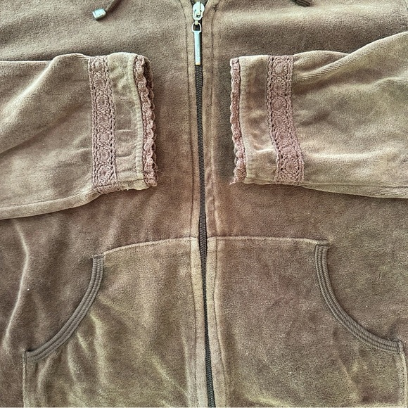 Retro Y2K Daisy Fuentes Brown Velour Zip Hoodie Lace Trim Size M - Picture 8 of 14